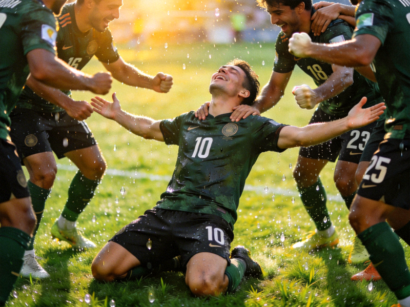 足球运动员在绿茵场上庆祝进球的激动瞬间