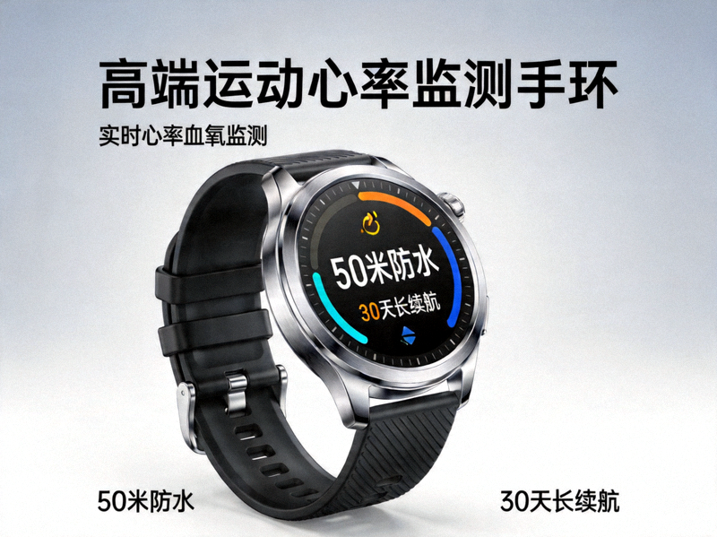 高端运动心率监测手环 - 实时心率血氧监测，50米防水，30天长续航